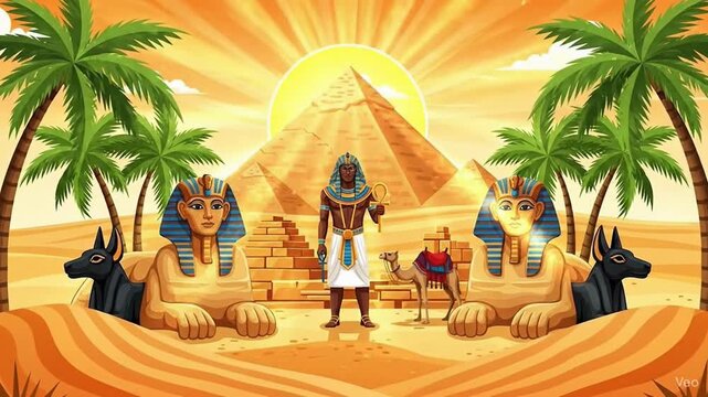 Welcome to Egypt travel poster with pharaoh sphinx pyramids and camel in desert