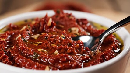A vibrant closeup shot of homemade sundried tomato pesto or tapenade richly textured and glistening with olive oil served in a rustic white ceramic bowl ready to be enjoyed as a delicious appetizer o.