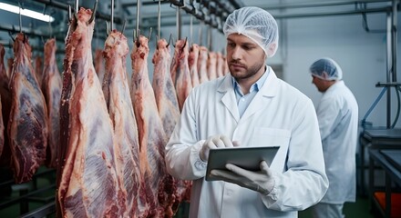 Quality Control Inspector Examining Hanging Meat Carcasses in Processing Plant with Tablet