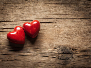 Two shiny red hearts on rustic wooden background for Valentine's Day.
