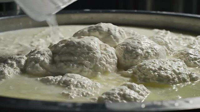 Fresh milk curdling into cheese curds during traditional dairy food production process