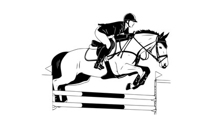 Obraz premium Flat vector illustration of show jumping horse and rider, equestrian sport concept, dynamic pose, clean background