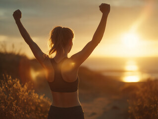 Young woman celebrating fitness success at beautiful beach sunset.