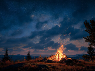 Cozy campfire under starry night sky with mountains.