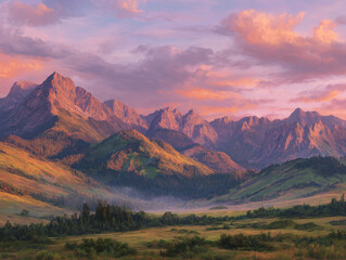 Majestic mountain range at sunset with vibrant pink and purple hues.