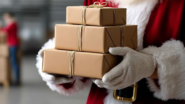 Santa holding stack of wrapped gifts in warehouse getting ready for Christmas deliveries