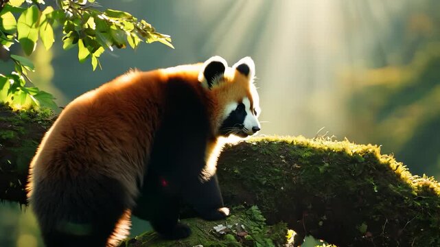 A red panda sits on a moss-covered branch, basking in the sunlight filtering through the leaves. The red panda's unique fur and calm demeanor enhance the serene forest scene.