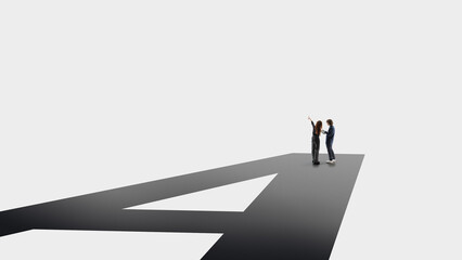 Minimal conceptual artwork with business people standing on letter A. Concept of corporate vision visuals, brand identity concepts, leadership foundations, and business strategy presentations.