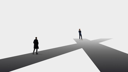 Clean strategic composition with individual standing on letter X. Concept of crossroads decisions, critical choice moments, business problem solving, career planning visuals, consulting presentations.