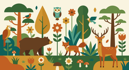 Forest Wildlife Landscape with Deer and Birds Illustration