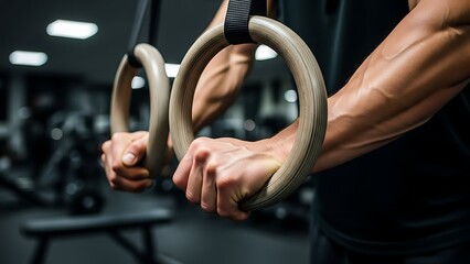 Closeup of a mans hands gripping gymnastic rings in a gym