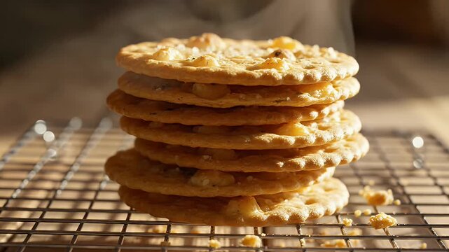Freshly baked golden brown stack of delicious warm cookies on a cooling rack