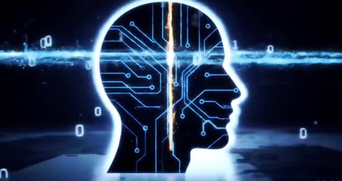 Digital Human Head Silhouette with Circuit Board Brain and Binary Code