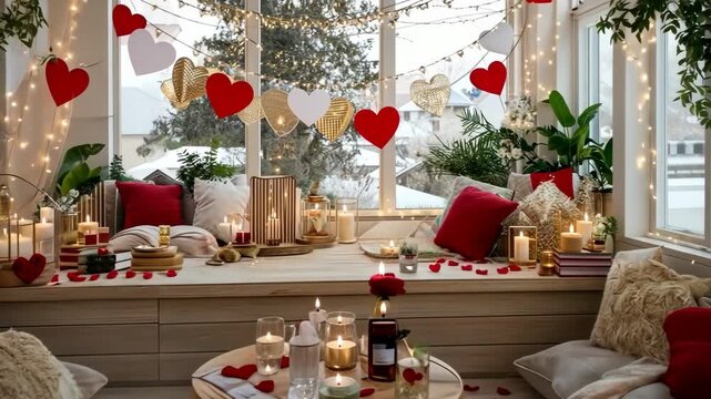 Cozy valentine's day decoration ideas in a living room, romantic ambience with hanging hearts and pillows near a large window in Winter