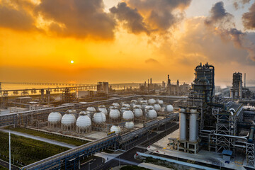 Aerial shot of a large chemical plant and oil refinery with pipeline equipment in industrial area