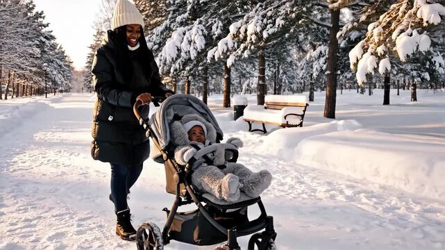 Happy Black mother pushing a baby in a stroller through a snowy park. Woman walking on a winter path with her child in a warm grey suit. Family lifestyle and motherhood concept