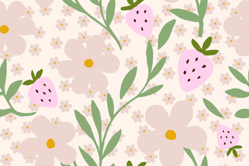 Fototapeta premium A cute seamless pattern with soft flowers, green leaves, and pink strawberries on a warm cream background, creating a sweet, playful, and cozy design.