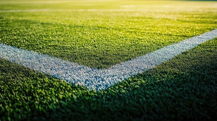 Close-Up View of a Sports Field Marking on Lush Green Artificial Turf Captured in Soft Natural Light During a Bright Day