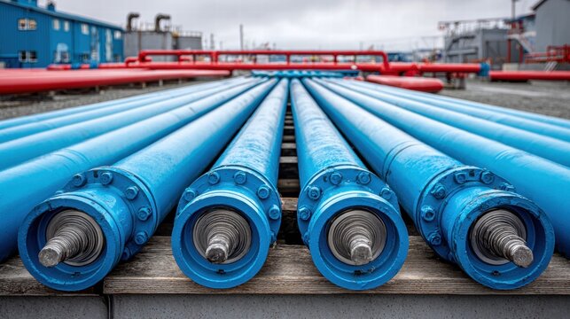 Blue industrial pipes in a row