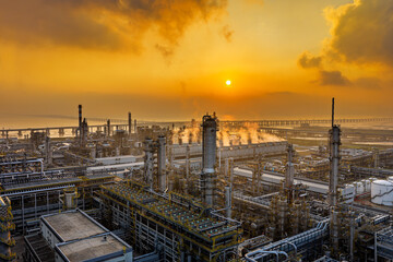 Aerial shot of a large chemical plant and oil refinery with pipeline equipment in industrial area