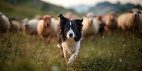 Border collie herding sheep in a green field during sunset in the countryside