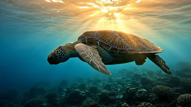 A green sea turtle swims gracefully through the clear blue ocean, illuminated by radiant sunlight. The turtle glides over coral, showcasing its unique patterns and underwater habitat.