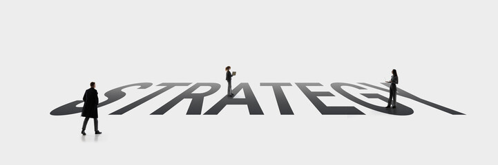 Minimal leadership poster with people standing on word STRATEGY. Concept of corporate planning...