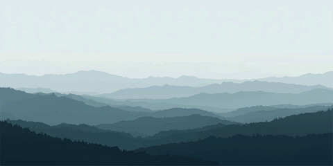 Smooth gradient from a deep navy gray to a light, airy sky gray,Serene gray mountain range landscape peaceful misty view sky art calm haze hills.
