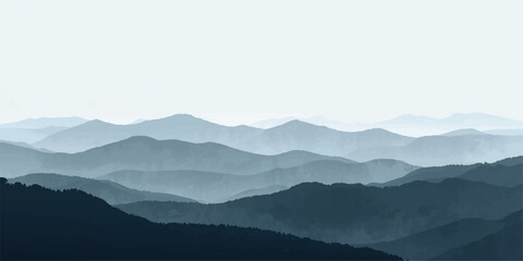 Smooth gradient from a deep navy gray to a light, airy sky gray,Serene gray mountain range landscape peaceful misty view sky art calm haze hills.