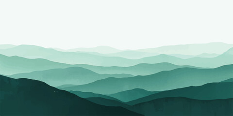 Smooth gradient from a deep navy green to a light, airy sky green,Serene green mountain range landscape peaceful misty view sky art calm haze hills.