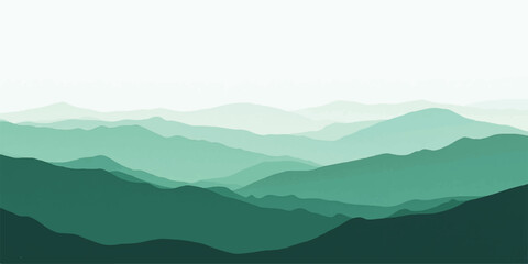 Smooth gradient from a deep navy green to a light, airy sky green,Serene green mountain range landscape peaceful misty view sky art calm haze hills.