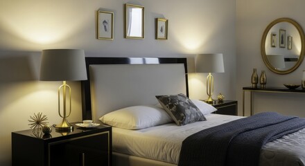 Elegant Modern Bedroom Interior with Warm Lighting and Stylish Gold Accents
