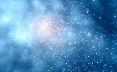 Blue dust, flying snow, lens flare beam with subtle light scattering and glow overlay isolated on dark background