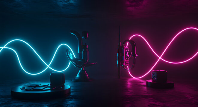 Sci-fi objects with neon blue and pink light waves