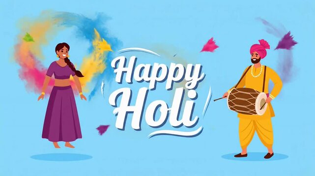 Happy Holi festival celebration with dancing couple and colorful powder clouds