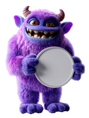 Fototapeta premium Purple furry monster with horns holding a blank circular sign