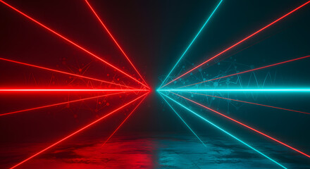 Red and blue neon laser beams converging in dark space