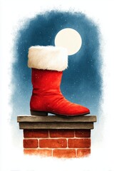 Whimsical illustration of a bright red fur-trimmed boot standing on a brick chimney beneath a glowing full moon, perfect for magical holiday cards or seasonal ads.