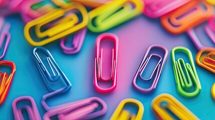 Colorful paperclips scattered on a vibrant gradient background creating an artistic and playful composition for office and creative projects