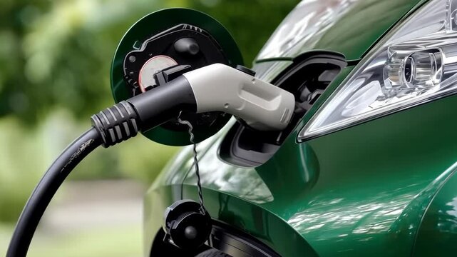 Green electric vehicle is charging at outdoor charging station on a sunny day in California, energy getting replenished