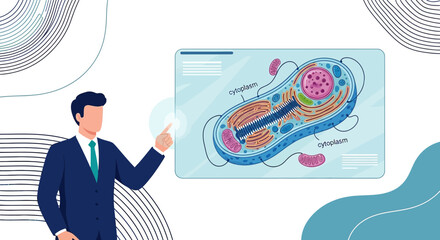 Modern science presentation with a cell illustration showcasing detailed biological components