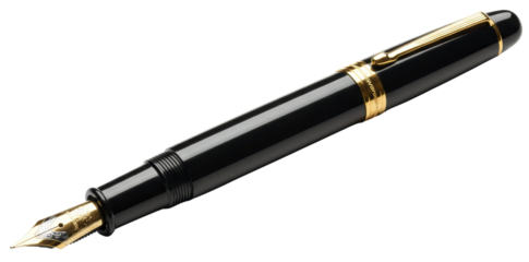 Luxury black fountain pen with a gold nib and elegant design isolated on transparent background
