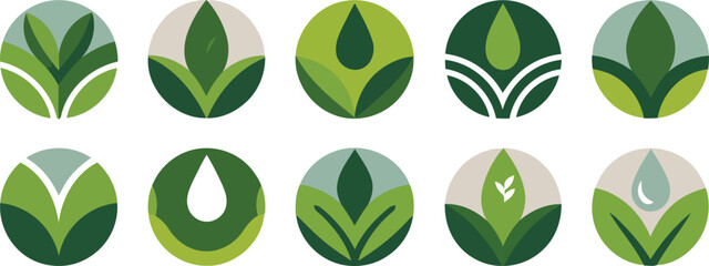 A collection of ten oval emblems displaying various green leaf and plant designs on a white surface