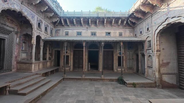 Detailed View of Medieval Period Haveli Interior Walls with Ornate Fresco Murals and Traditional Patterns, Nawalgarh Rajasthan, India