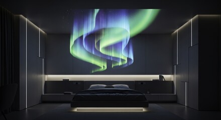 Modern Bedroom with Aurora Borealis Projection, Featuring Minimalist Design, Ambient Lighting, and a Serene Nighttime Atmosphere