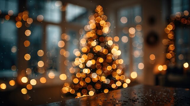 Abstract defocused photography captures a lit Christmas tree creating warm golden bokeh circles within the silhouette of a room interior.