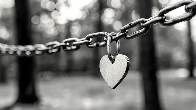 Metal heart lock hanging from a chain on a bridge in black and white, symbolizing love and commitment in an urban park