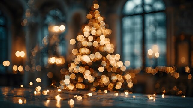 Abstract defocused photography captures a lit Christmas tree creating warm golden bokeh circles within the silhouette of a room interior.