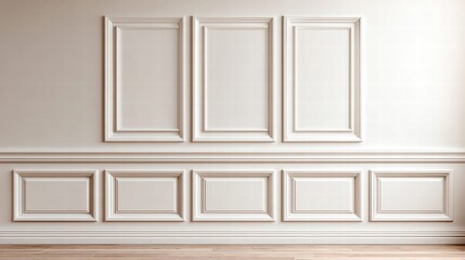 Elegant wall paneling with decorative frames and a wooden floor.