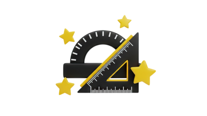 3D Math Tools Icon: Protractor, Ruler, Triangle with Stars